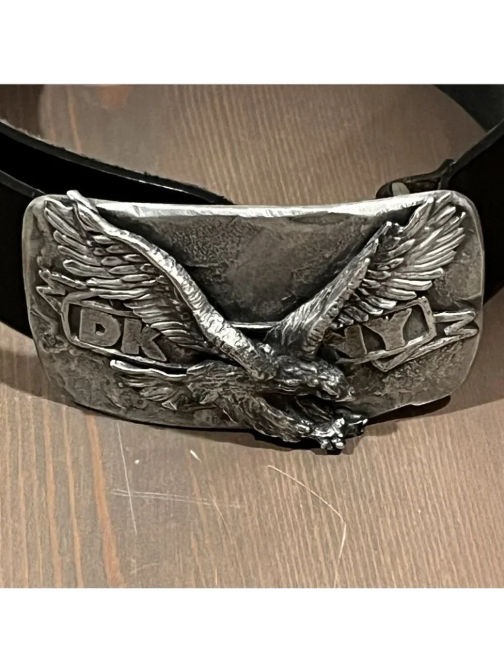 DKNY Donna Karan Leather Belt Big Eagle Buckle Medium Black Biker Moto 90s/Y2K